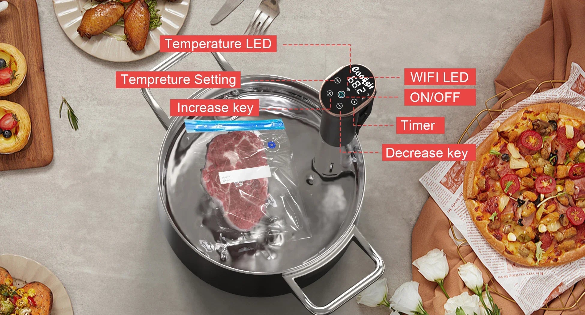 Hobsir Sous Vide Cooker Kit, 1100W Sous Vide Machine, Wifi App Control, Silence Immersion Circulator Slow Cooking Machine, LED