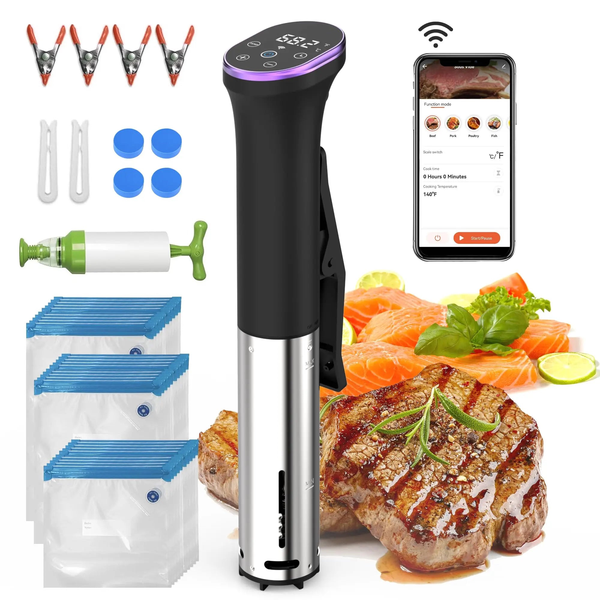 Hobsir Sous Vide Cooker Kit, 1100W Sous Vide Machine, Wifi App Control, Silence Immersion Circulator Slow Cooking Machine, LED