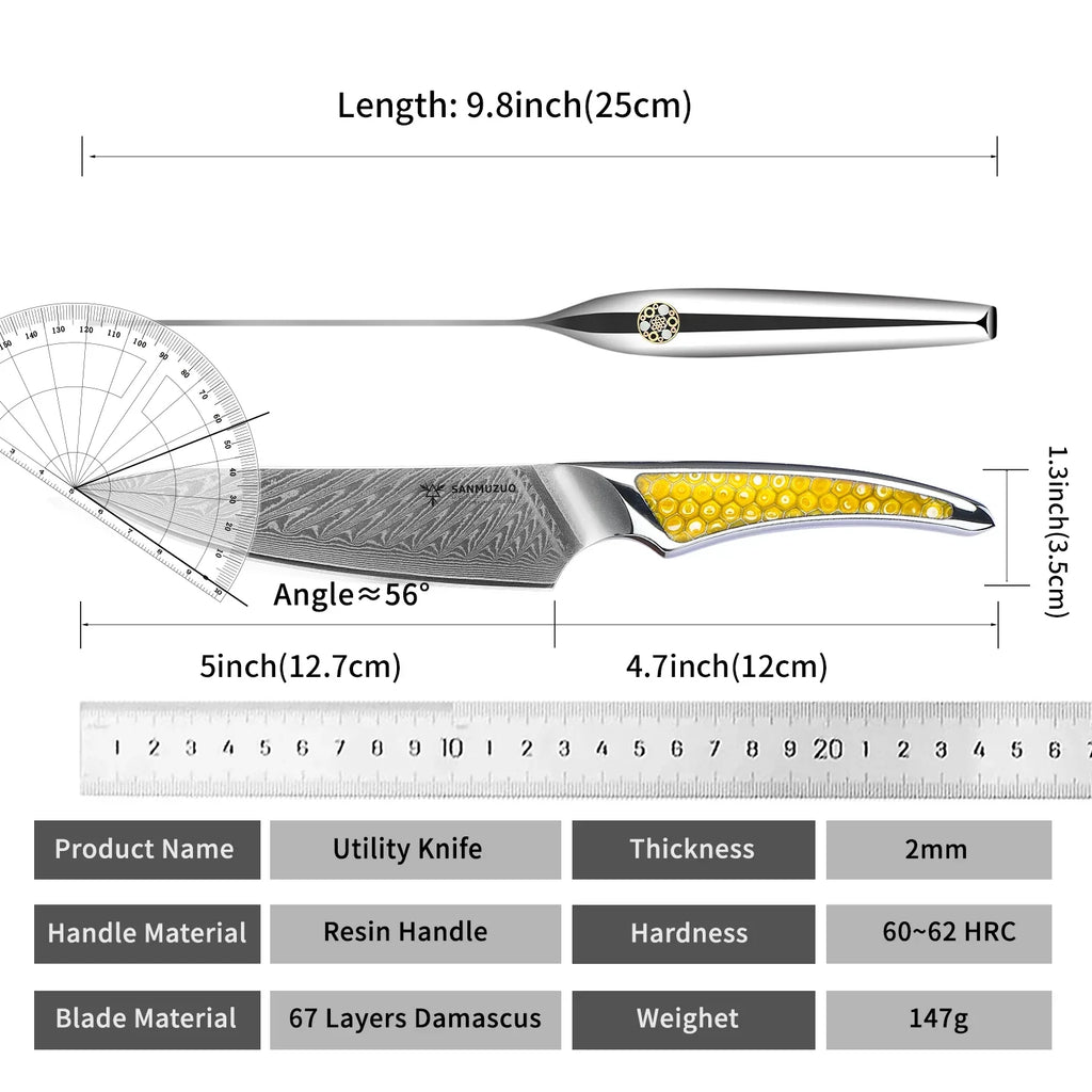 SANMUZUO 5 Inch Damascus Utility Knife - LAS9 Series VG-10 Core Steel Kitchen Chef Knife - Resin Handle for Fruit Vegetable Meat