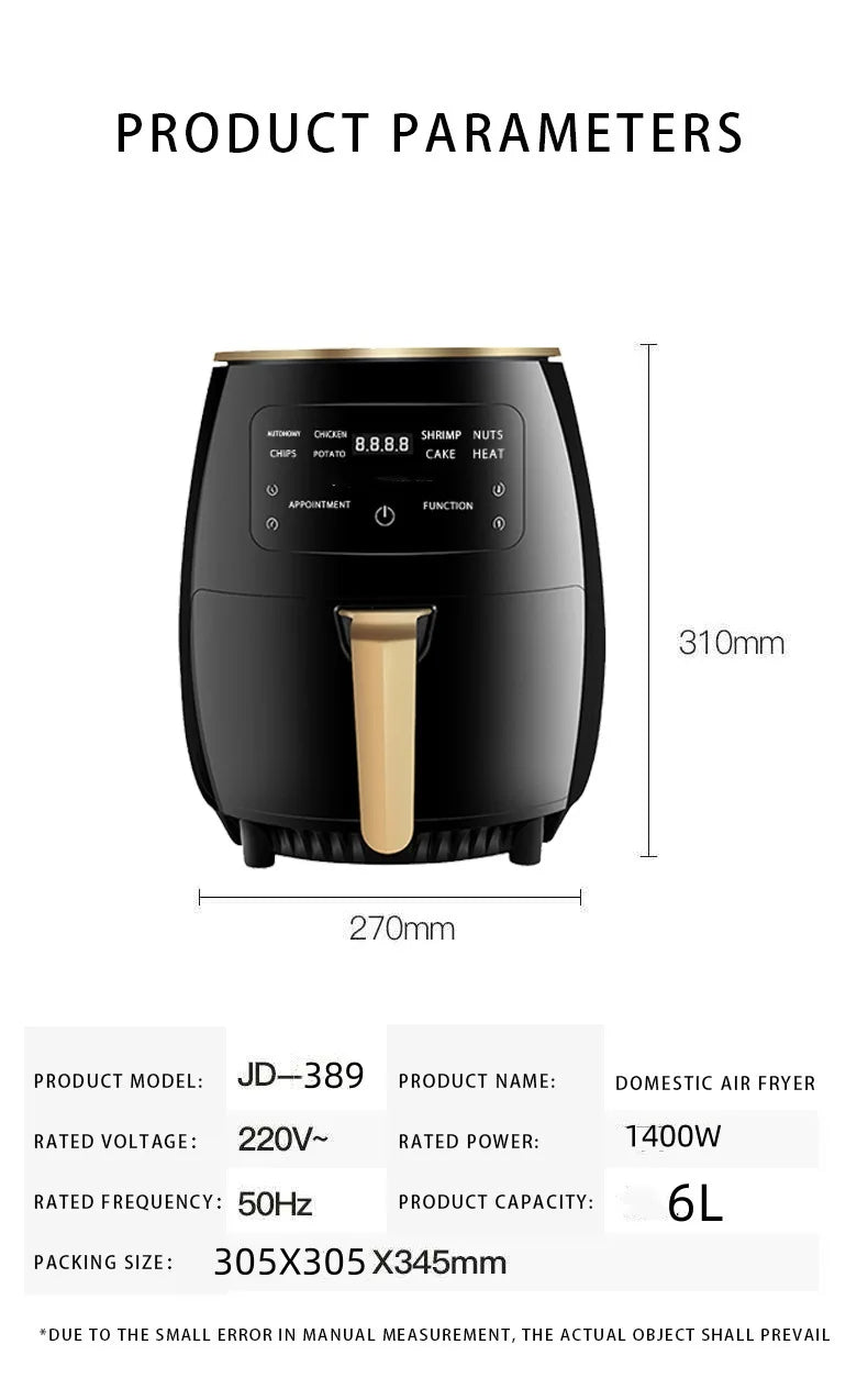 New 6l Large Capacity Digital Touch Air Fryer Multi Use Non Stick Energy Saving Easy Clean Oven For Household Kitchen Cooking