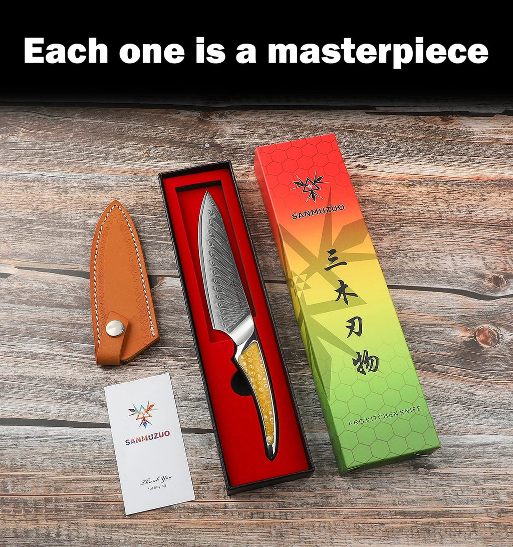 SANMUZUO 5 Inch Damascus Utility Knife - LAS9 Series VG-10 Core Steel Kitchen Chef Knife - Resin Handle for Fruit Vegetable Meat