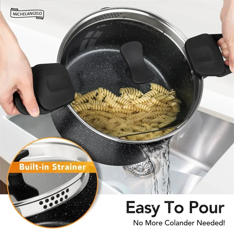 MICHELANGELO Cooking Noodles Pot Double Handle Soup Pot with Strainer Lid Home Induction Cooker Universal Milk Pot Kitchenware