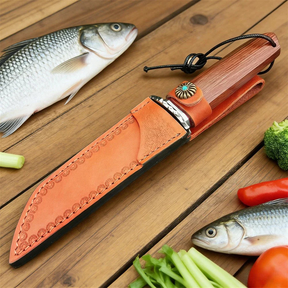 Exquisite House Kitchen Knife with Sheath 9Cr13Mov Blade and Red Rosewood Handle Daily Home Use Knife Cooking Cutting Meat Tool