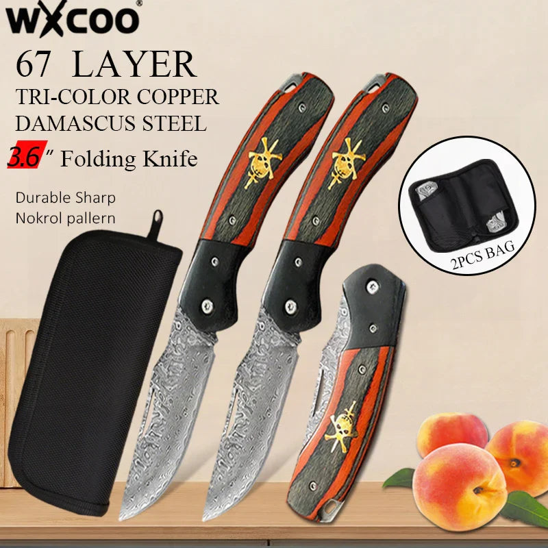 WXCOO Damascus Steel Folding Knife Non-Slip Handle Pocket Knife Stainless Steel Meat Cleaver BBQ Kitchen Knife with Sheath