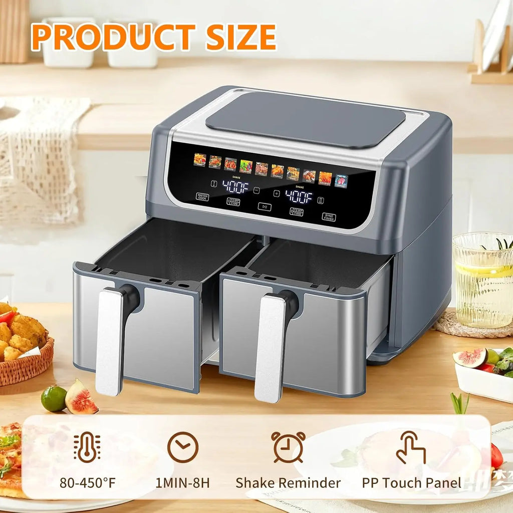 Dual Basket Air Fryer, 9.5 Quart Large Air Fryer with Double Basket, Grey