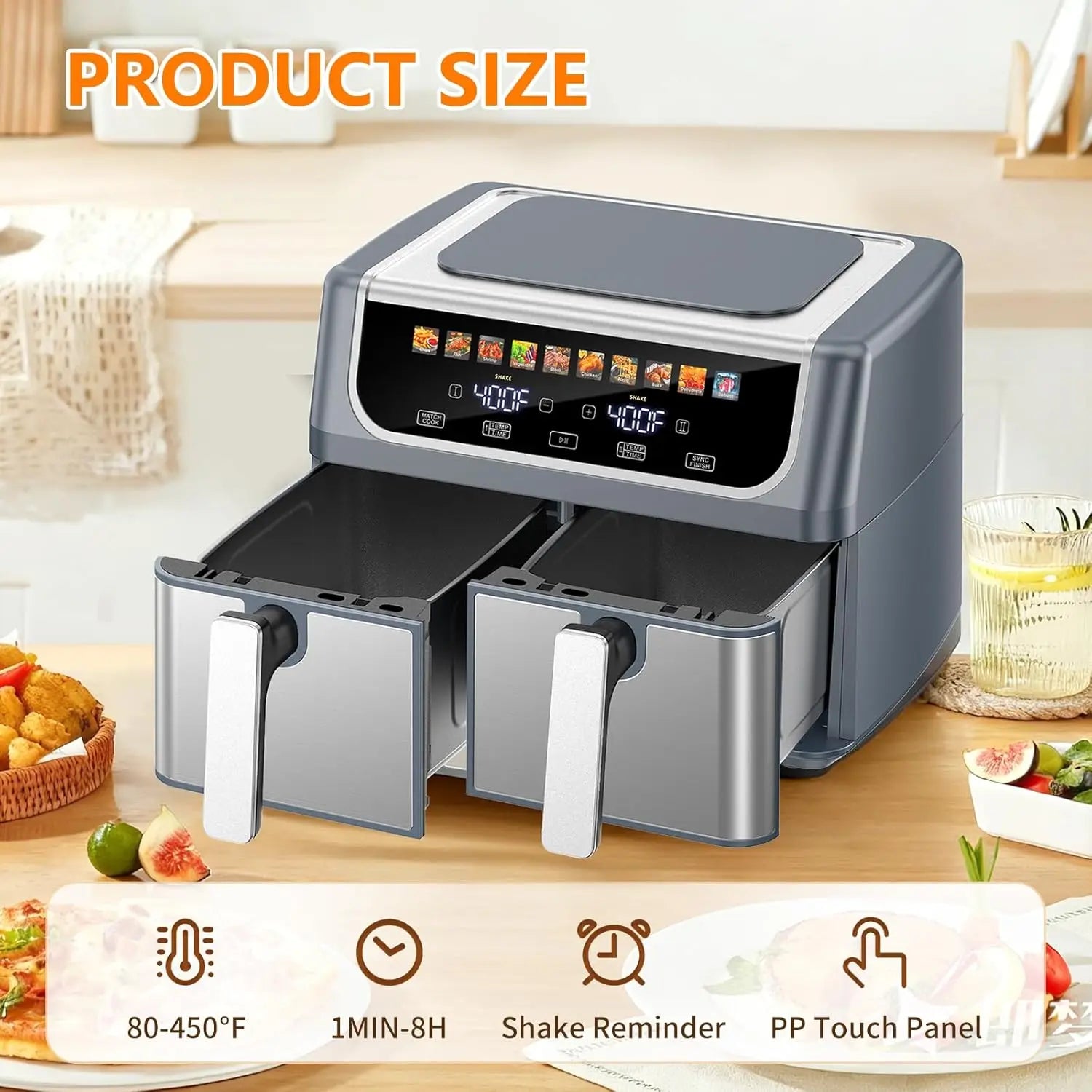 Dual Basket Air Fryer, 9.5 Quart Large Air Fryer with Double Basket, Grey