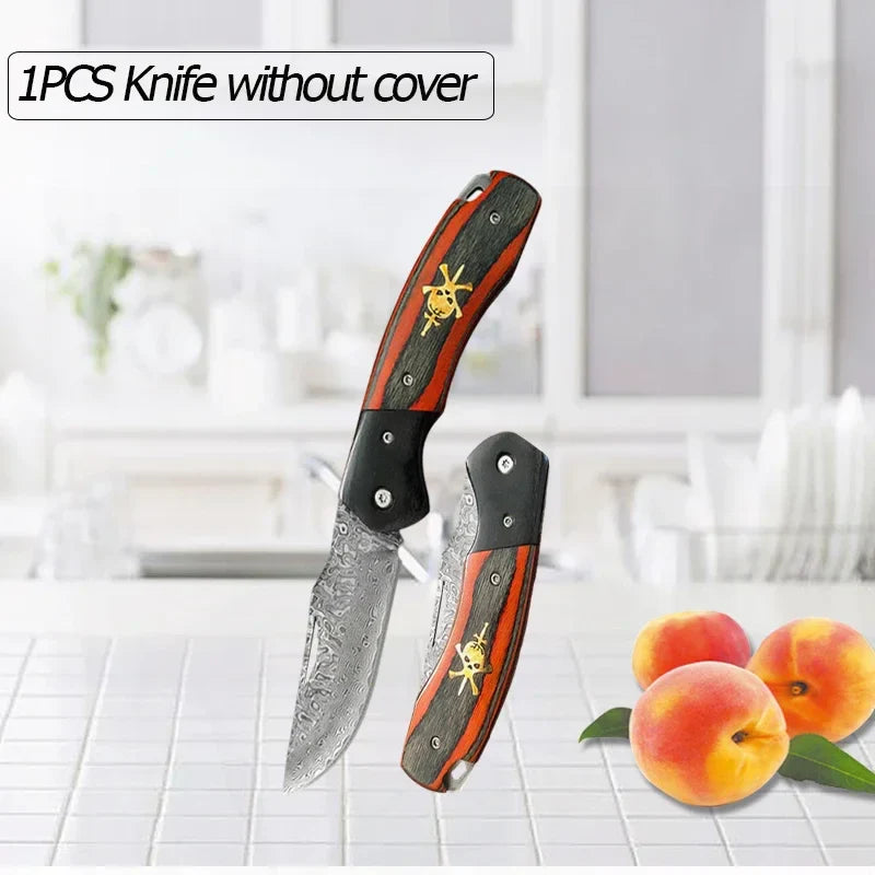 WXCOO Damascus Steel Folding Knife Non-Slip Handle Pocket Knife Stainless Steel Meat Cleaver BBQ Kitchen Knife with Sheath