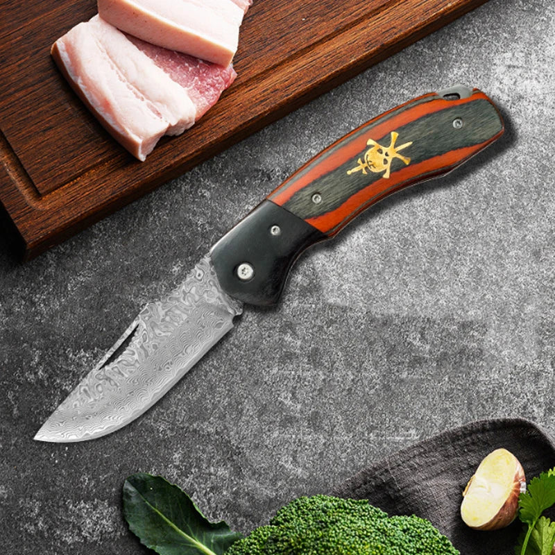 WXCOO Damascus Steel Folding Knife Non-Slip Handle Pocket Knife Stainless Steel Meat Cleaver BBQ Kitchen Knife with Sheath