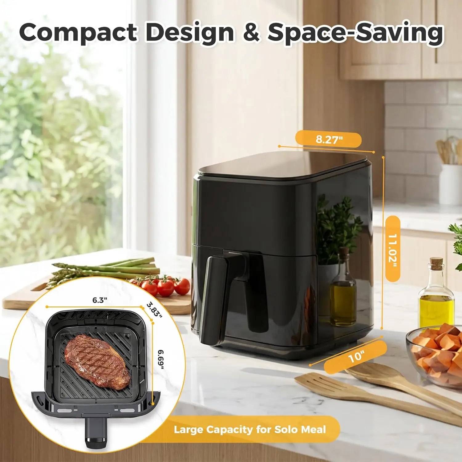 3QT Air Fryer, Small Air Fryer with Digital PP Touch Panel, Black