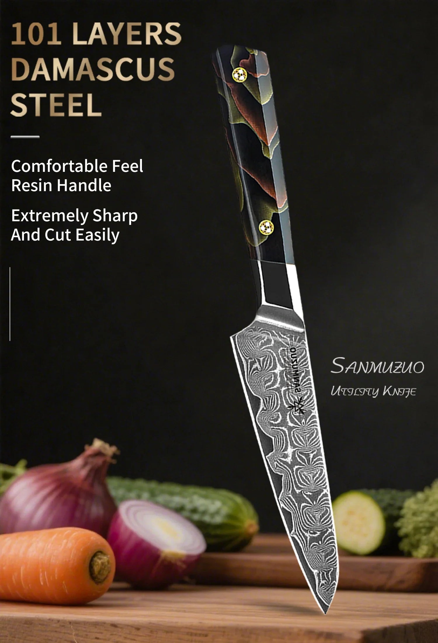 SANMUZUO 5 Inch Utility Kitchen Knife - BI Series Damascus Steel Kitchen Knife - 101 Layer Sharp Blade - Resin Handle