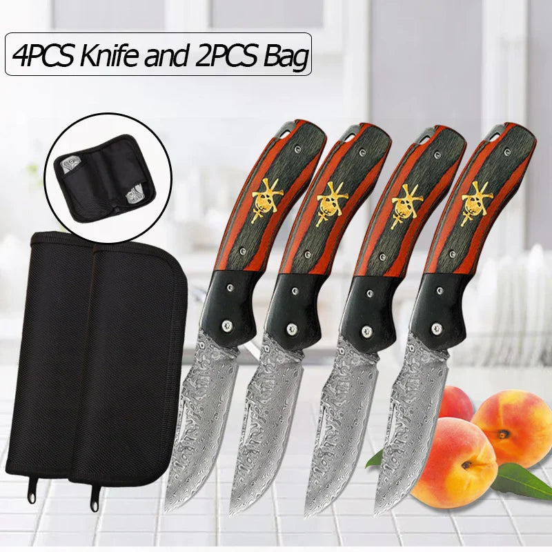 WXCOO Damascus Steel Folding Knife Non-Slip Handle Pocket Knife Stainless Steel Meat Cleaver BBQ Kitchen Knife with Sheath