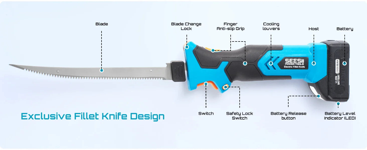 Seesii Cordless Electric Fillet Knife Rechargaable Fish Knife Lithium Battery Cutter Bread Beef Knives Kitchen Cooking Tools