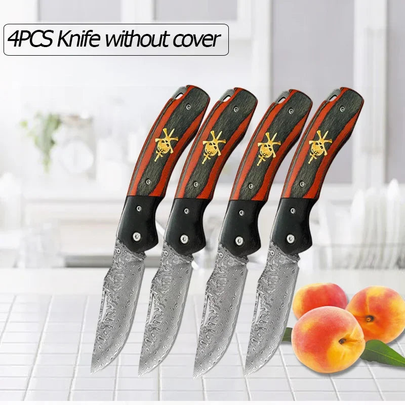 WXCOO Damascus Steel Folding Knife Non-Slip Handle Pocket Knife Stainless Steel Meat Cleaver BBQ Kitchen Knife with Sheath