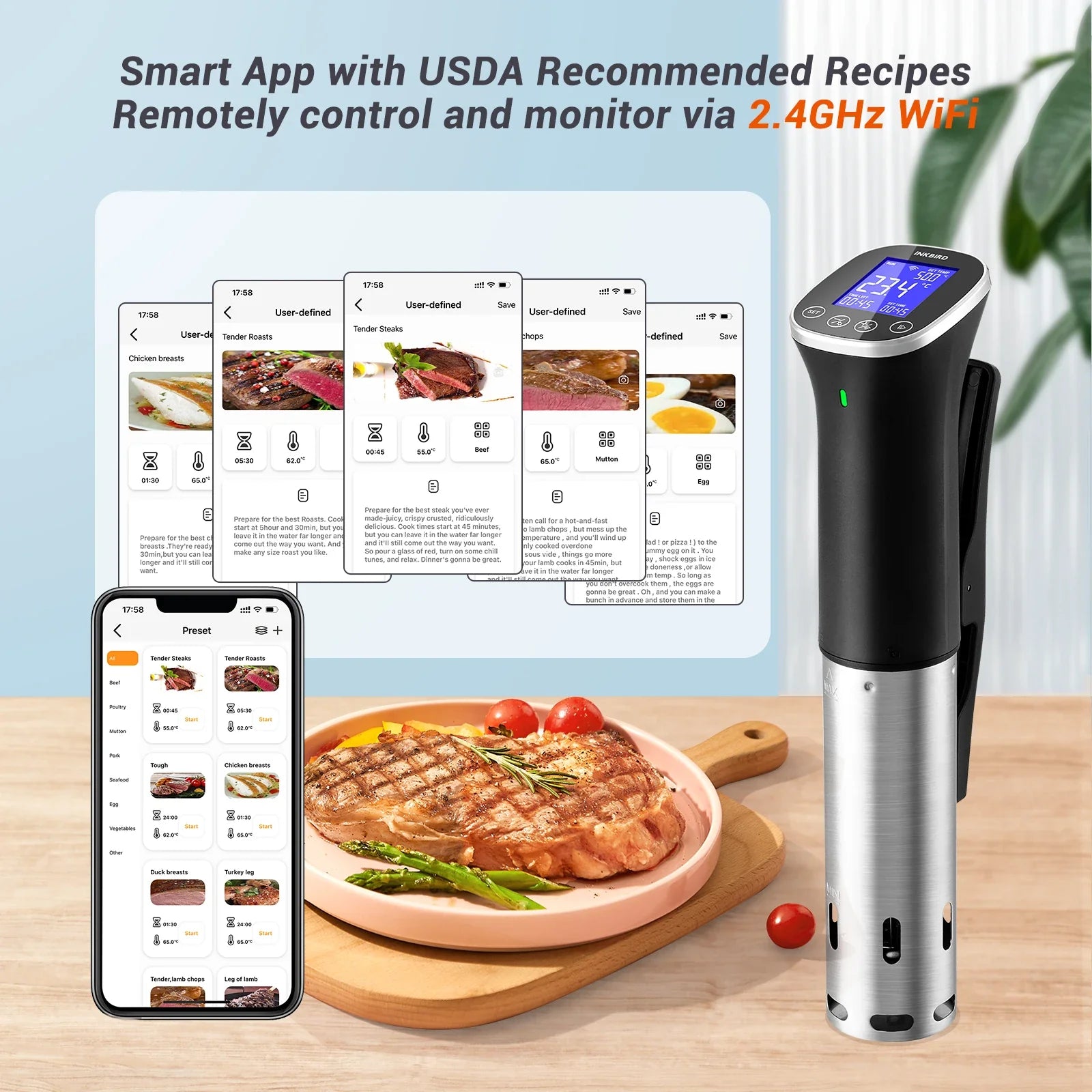 INKBIRD 4 Types 1000W WiFi Sous Vide Machine EU Plug Sous Vide Cooker APP Remote Control Recipes Alarms Timer For Cooking