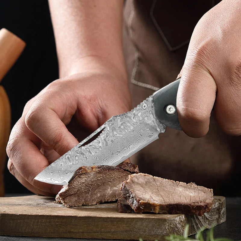 WXCOO Damascus Steel Folding Knife Non-Slip Handle Pocket Knife Stainless Steel Meat Cleaver BBQ Kitchen Knife with Sheath