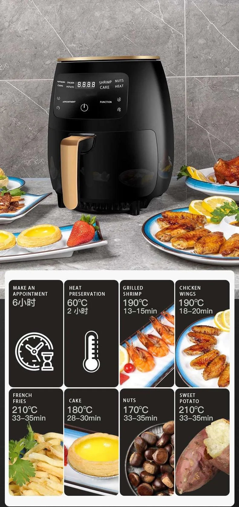 New 6l Large Capacity Digital Touch Air Fryer Multi Use Non Stick Energy Saving Easy Clean Oven For Household Kitchen Cooking